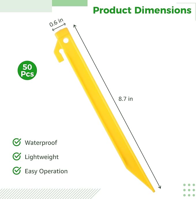 50 Pcs Plastic Tent Stakes, 9 Inch Heavy Duty Tent Pegs, High Strength Triangular Garden Stakes, Spike Hook Canopy Stakes for Secure Rope Tie-Down, Ideal for Camping, Outdoor Activities