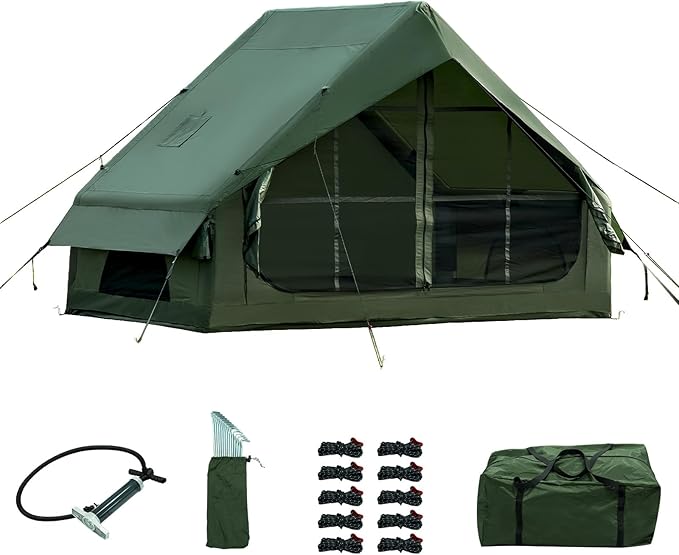 Inflatable Camping Tent with Hand Pump Waterproof Outdoor Blow up Tent 2-8 Person Oxford 4 Season Glamping Air Tent Cabin House with Mesh Windows & Door