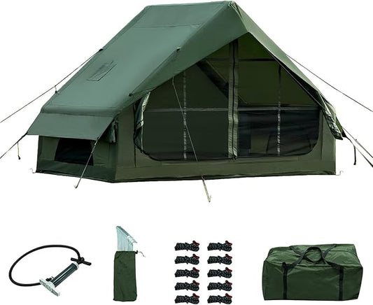Inflatable Camping Tent with Hand Pump Waterproof Outdoor Blow up Tent Oxford 4 Season Air Tent Cabin House with Mesh Windows & Door 12sq/6sq Green