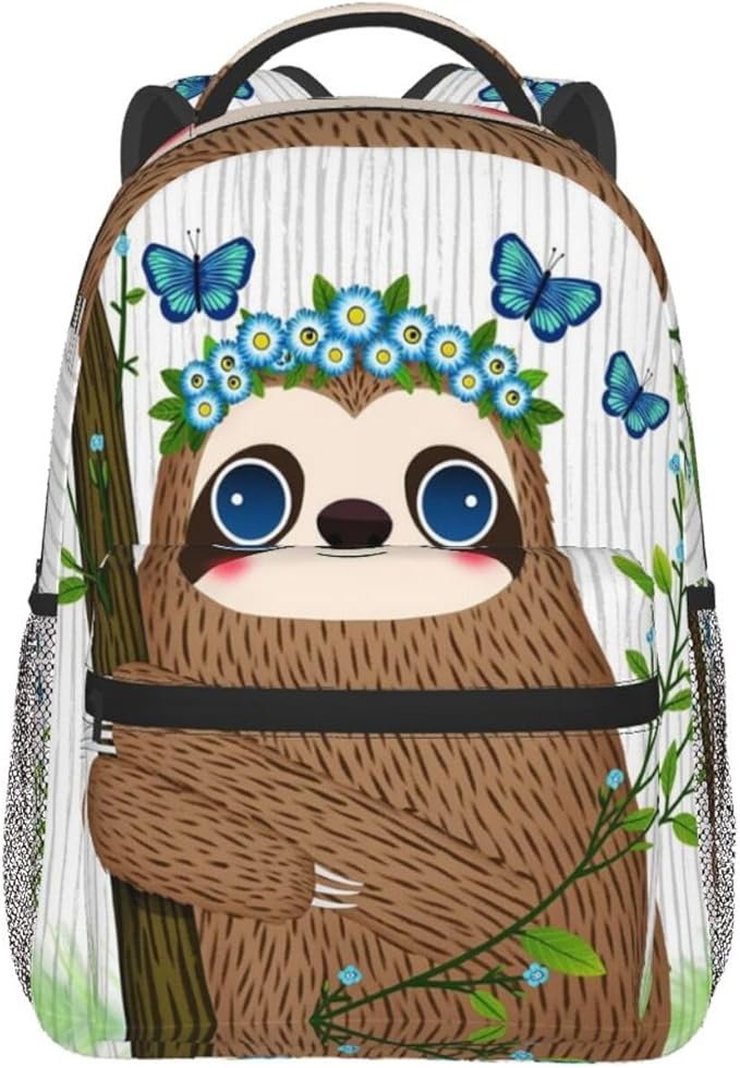 Polyester Daypack for Hiking Work Running, Big Capacity Anti-Theft Multipurpose Shoulder Bag, Cute Sloth Blue Flowers Art Travel and Sport Backpack Rucksack