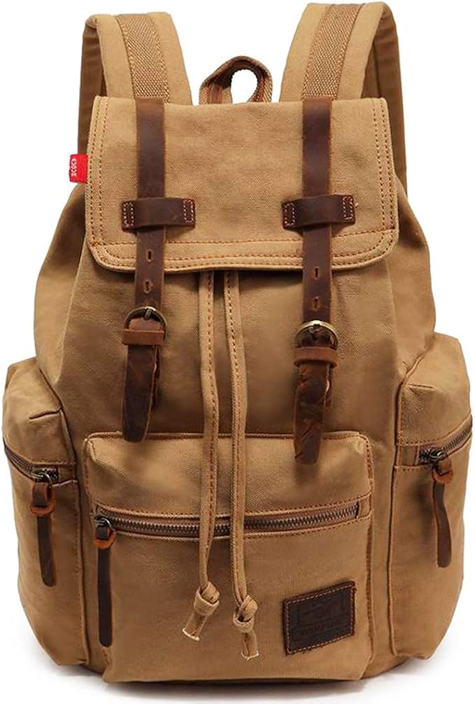 HuaChen Vintage Canvas Travel Backpack with Leather Trim, Laptop Padded Sleeve, Hidden Back Security Pocket, Fits 14-Inch, M32 Khaki