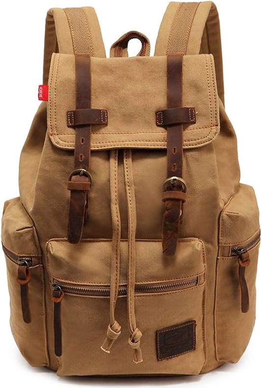 HuaChen Vintage Canvas Travel Backpack with Leather Trim, Laptop Padded Sleeve, Hidden Back Security Pocket, Fits 14-Inch, M32 Khaki