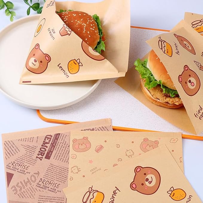 Paper Hamburger Bags 7 × 7 "50pcs, Food-Grade Oil-Proof Triangular Snack And Pastry Bags, Recyclable Packaging, Doughnut Sandwich Bread Food Packaging (English Print)