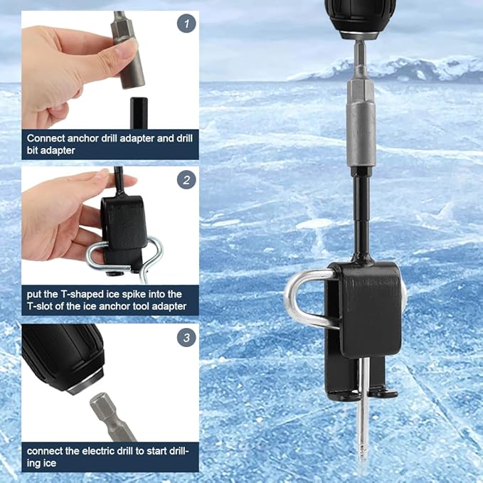 8pcs/Set Drill Adapter Kit with Tent Stakes, Ice Anchor Drill Adapter with 6 Ice Fishing Tent Stakes for Ice Insert Sewing, Ice Shanty Anchors for Setting Up Ice Fishing Shelter Tent