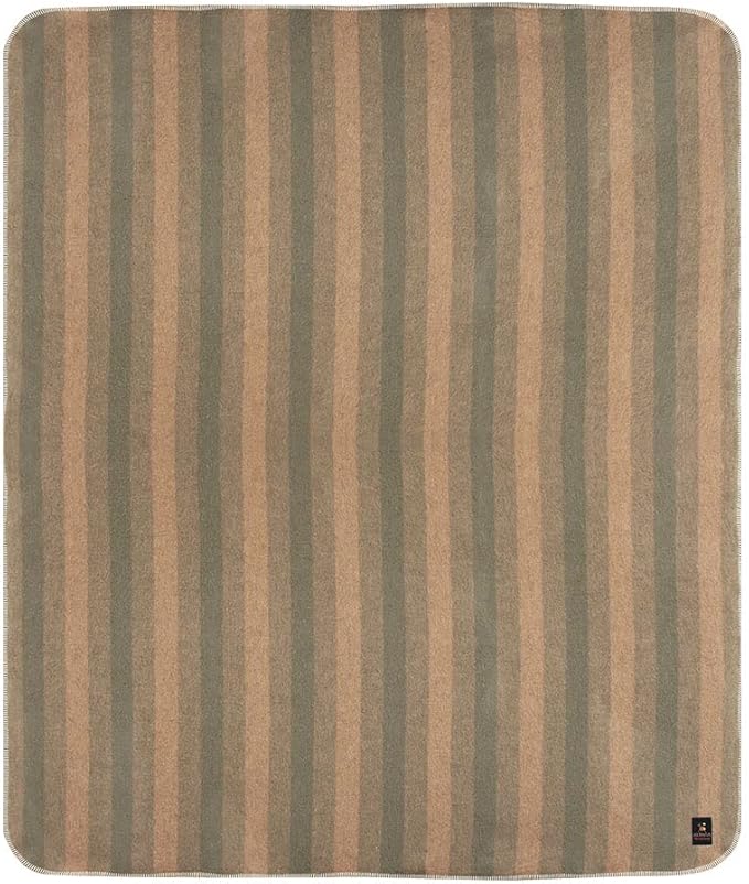 Thick Alpaca Wool Blanket Heavyweight Camping Outdoors Indoors Soft Peru Twin Size Stripes Design (Camel/Olive Green, Twin Size)