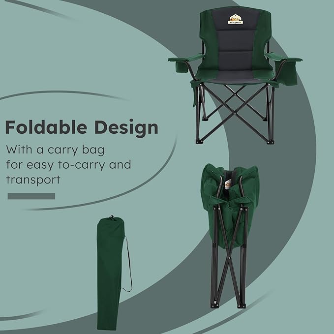 Oversized Folding Camping Chairs - 450 LBS Support Heavy Duty Camp Chair with Padded Cushion, Portable Outside Chairs with Carry Bag，Cooler, Cup Holder for Outdoor, Lawn, Sports - Green