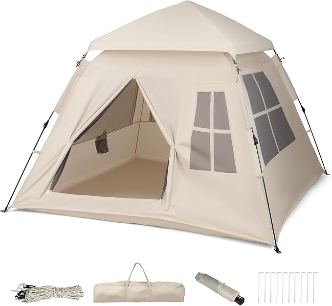 Tangkula 4 Person Camping Tent, Instant Pop-Up Cabin Tent with Removable Rainfly, Mesh Windows & Dual Doors, Carrying Bag, Portable Outdoor Family Shelter for Picnic, Backpacking, Traveling