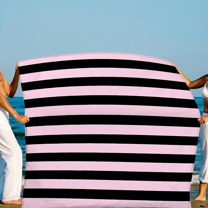 Beach Blanket Waterproof Sandproof, Oversized Picnic Blankets with Stakes – Lightweight Quick-Drying, Extra-Large Pink and Black Striped Beach Mat for Outdoors, Camping, Hiking Trips