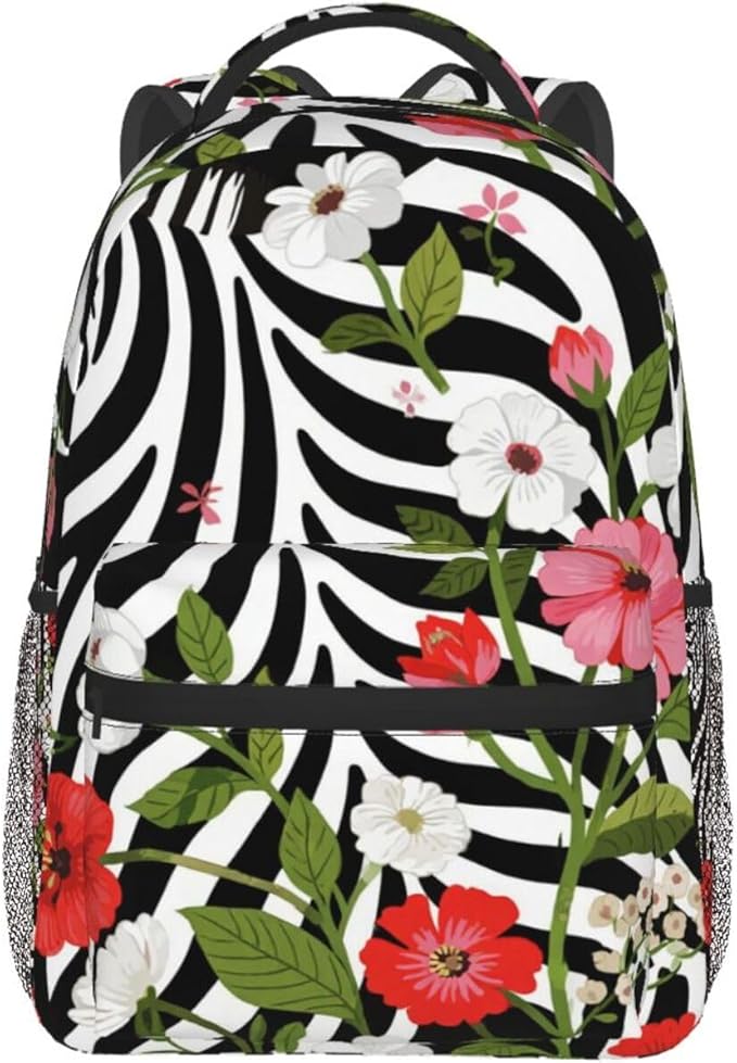 Men Women Lightweight Cheetah Leopard Print Floral Pattern White Daypack Bookbag Big Capacity Carry On Bag With Side Pockets for Camping Travel Bicycle