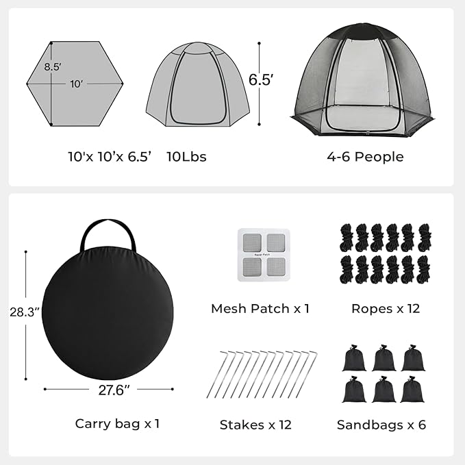 Alvantor® Pop Up Screen House Tent, Snap-fit Mesh Screen Gazebo with Peaked Roof, Portable Screen Room Canopy Shelter with Sandbags for Camping, Backyard, Picnic
