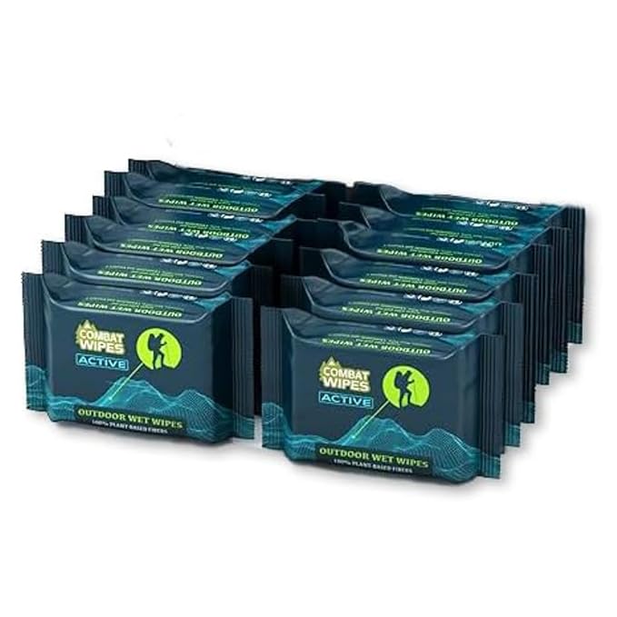 Combat Wipes ACTIVE Outdoor Wet Wipes - Extra Thick Camping Gear, Biodegradable, Body & Hand Cleansing/Refreshing Cloths for Backpacking & Gym w/Natural Aloe & Vitamin E (12 Pack, 300 Wipes)…
