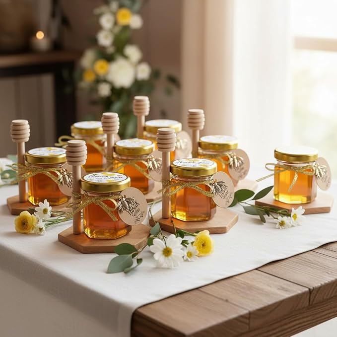 Ahhute Honey Jar, Mini Honey Jars with Dipper, Glass Honey Pot Baby Shower Favors, Party Favors & Wedding Favors, Hexagon Honey Container with Lid, Bee Charms, Fabric Ribbons and Bags, 20 Pack 1.5oz