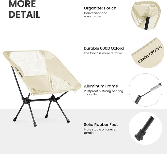 CAMEL CROWN Portable Camping Chair Lightweight Compact Folding Chair Mesh for Outdoor Camp Travel Beach Picnic Festival Hiking Backpacking White