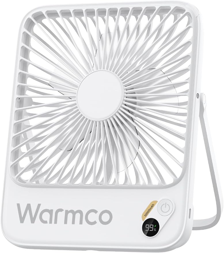 Warmco 10000mAh Portable Travel Fan 7-inch, [10-24H Runtime] Ultra-thin Digital Display Mini Desk Battery Operated Fan for Bedroom, Camping, Cruise Essentials 2025
