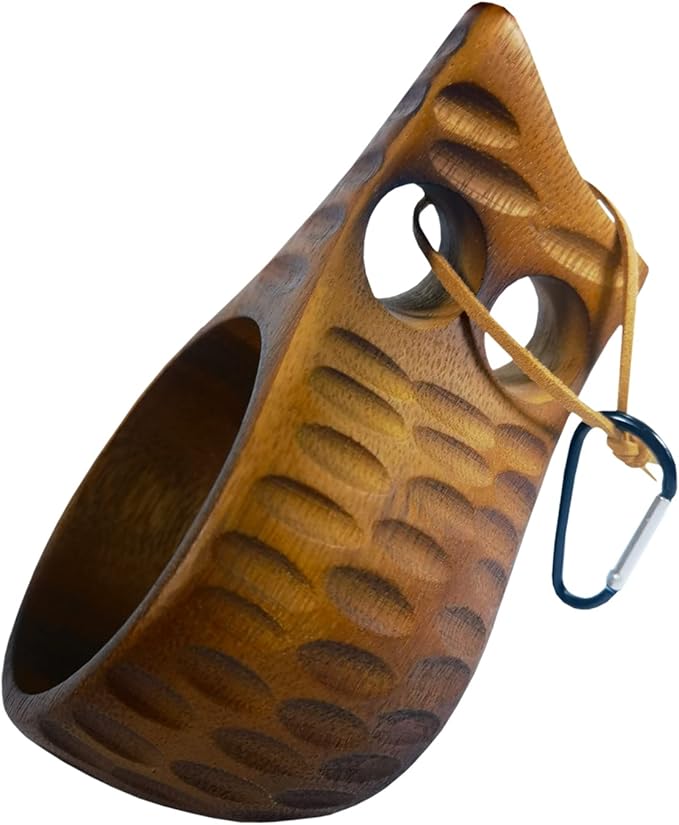 Sanrich Wooden Mug Kuksa Handcrafted Wood Camp Mug Survival Wood Cup Camping Cups & Mugs with Carabiner Leather Lanyard For Drinking Tea Coffee (8 ounces-Tortoiseshell-2 handle holes)