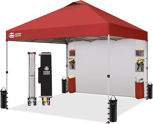 CROWN SHADES Canopy Tent 10x10 Pop Up Canopy Outdoor Shade with Pockets Sidewall, Easy Up Sun Shelter with One Person Set Up Center Lock, Portable Instant Camping Beach Canopy Tents, Red