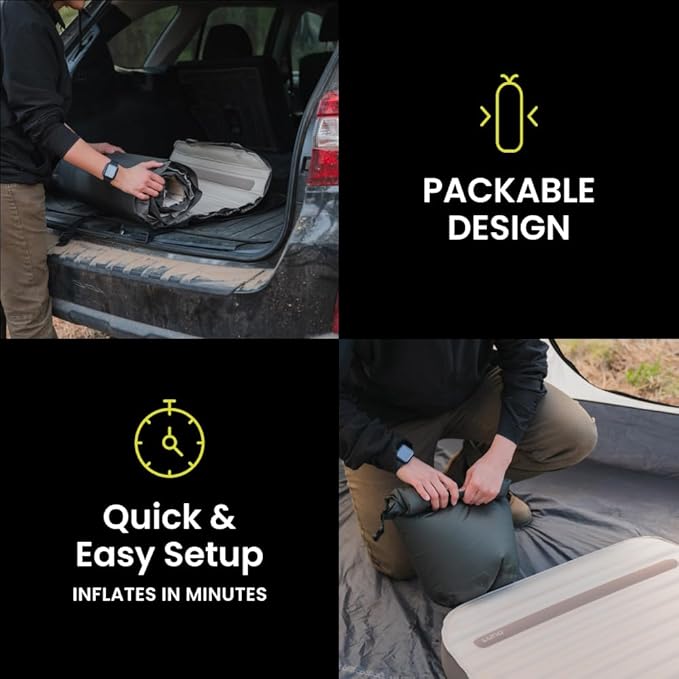Luno Hybrid PRO Air + Memory Foam Camping Mattress for Tent & Car - 4" Self Inflating Camping Pad for Sleeping, Ultra Packable Design - Universal Fit w/AirRoll Bag, Repair Patch & Head Support Bridge