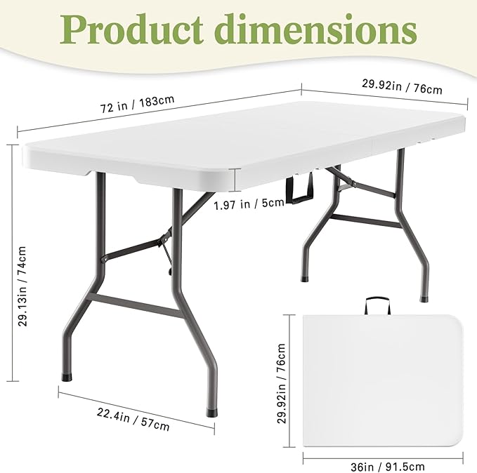MEI&CO 6ft Heavy Duty Outdoor Folding Table for 6 - Sturdy HDPE Top, 350lbs Capacity, Foldable Lockable Design, No Assembly - Camping Parties Picnics (White)