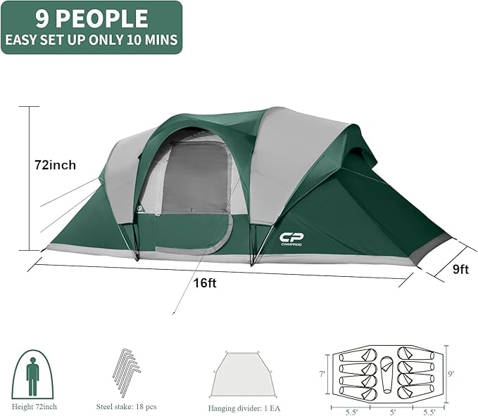 CAMPROS CP Camping Tent 10 Person Family Cabin Tent, 2 Room Water Resistant Waterproof Tent with Top Rainfly, 4 Large Mesh Windows, Double Layer, Easy Set Up, Portable with Carry Bag, 16ft x 9ft x72in