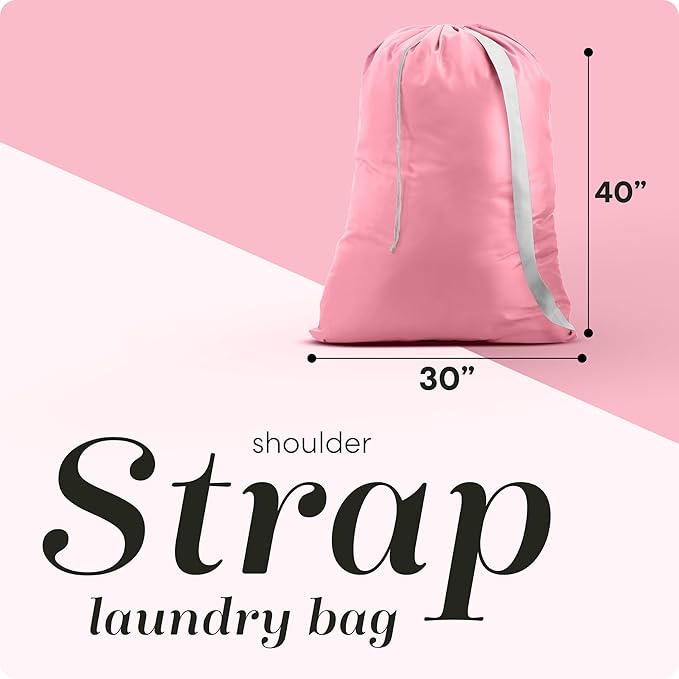 Handy Laundry Bag Shoulder Strap - Drawstring Locking Closure, Durable Material, Large Capacity, Heavy Duty Stitching, Hands Free Carrying - Perfect College Dorm (Pink, 30" x 40")