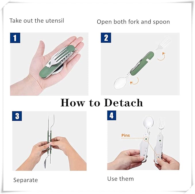 Cluck 6-in-1 Multi-Function Camping Flatware Utensil Folding Knife Cutlery Detachable Pocket Kits with Carrying Pouch (Gold + Blue)