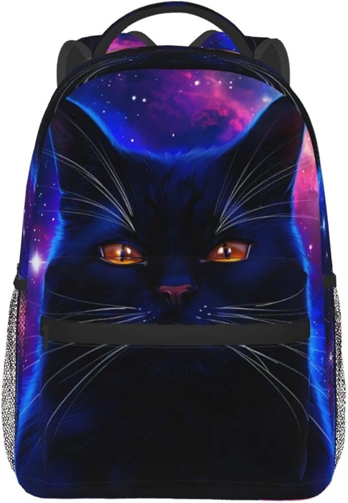 Backpack Anti-Theft Multipurpose Large Capacity Carry On Bag, Cosmic Black Cat Eye Flames Burning Starry Sky Camping Outdoor Backpack With Side Pockets