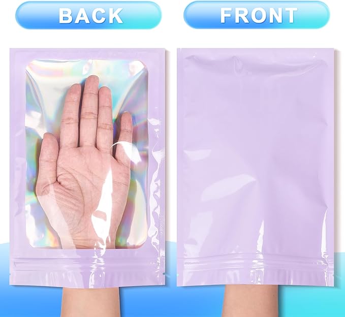 100 Pack Smell Proof Bags- Resealable Mylar Holographic Packaging Pouch Bag with Clear Window for Food Storage Eyelash Jewelry Electronics Storage (Purple, 3.5 x 4.7 Inch)