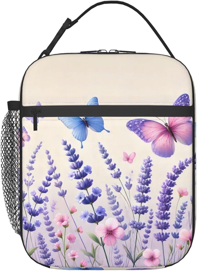 Reusable Lavender Lunch Box for Kids Girls Boys Women Adult, Insulated Butterfly Floral Lunch Bag,Polyester Cooler Flower Handbags Case for School Picnic Work Travel Beach or Hiking