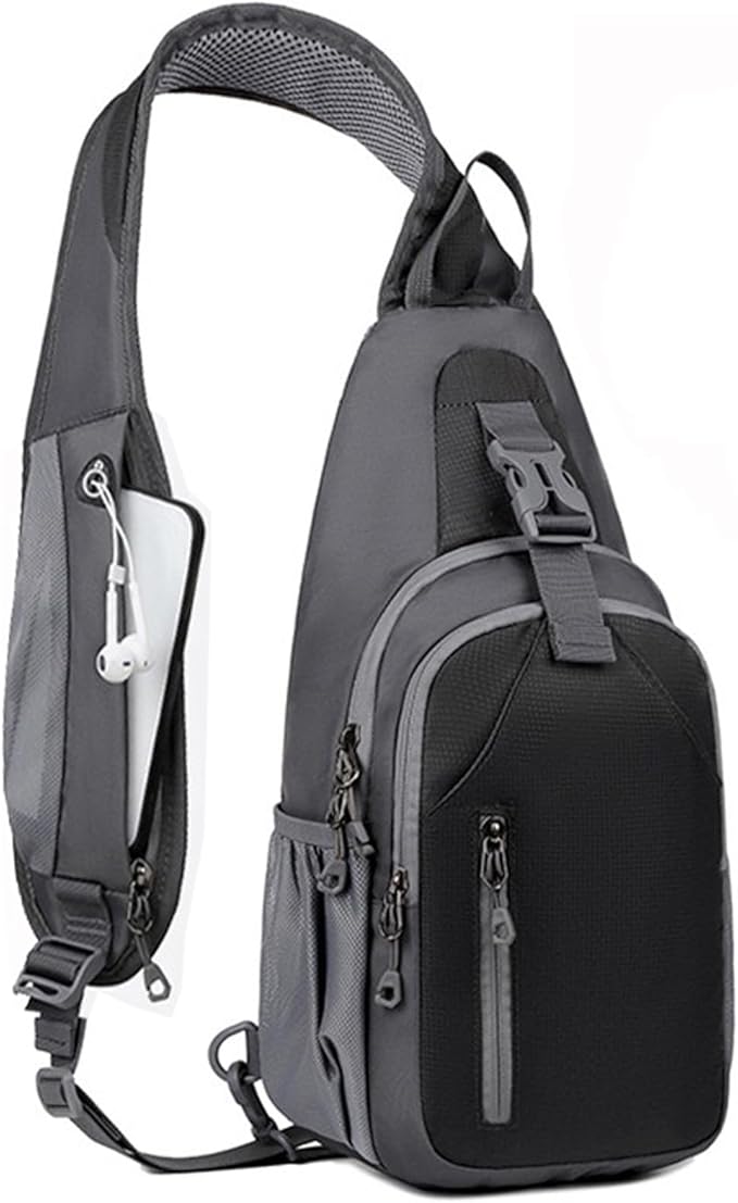 Sling Bag for Mens Crossbody Bag Travel Sling Backpack Hiking Daypack Chest Bag Shoulder Bag, Large Cross Body Bag with Chest Phone Holder Black&Grey