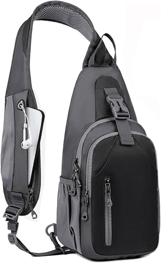 Sling Bag for Mens Crossbody Bag Travel Sling Backpack Hiking Daypack Chest Bag Shoulder Bag, Large Cross Body Bag with Chest Phone Holder Black&Grey