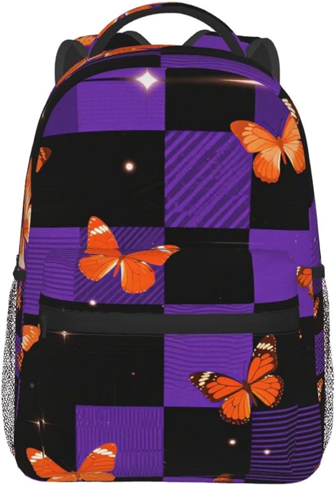 Men Women Polyester Butterflies Buffalo Plaid Purple Tartan Daypack Backpack Large Capacity Carry On Bag With Smooth Zippers for Hiking Picnic Walking Cycling
