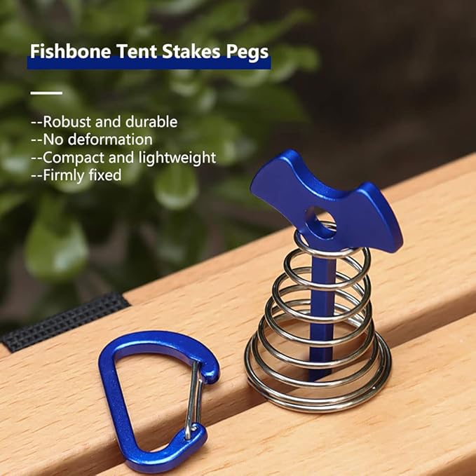 Fishbone Deck Anchor Pegs with Carabiners, Aluminium Tent Stakes with Spring Buckle, Windproof for Outdoor Camping Hiking (10Pcs Silver)