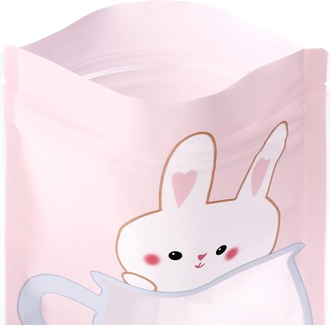 QQ Studio 100 Animal Designed Snack Bags, Plastic Bakery Bags, Cute Favor Bags for Snacks, Pastel Cookie Bags with Window, Zipper Seal Treat Storage Bags (6.25 Inch x 9 Inch, Pink Bunny)
