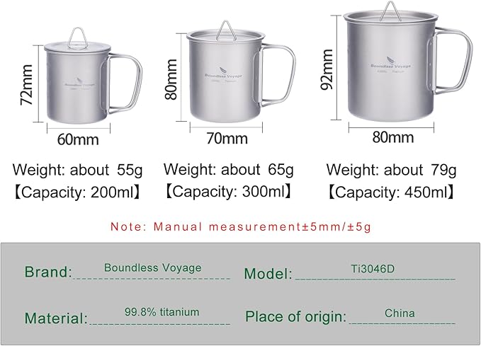 iBasingo Titanium Mug 200ml & 300ml & 450ml Backpacking Tea Coffee Water Cup with Lid & Foldable Handle Outdoor Camping Pot Ultralight Portable Hiking Picnic Cooking Kit Ti3046D