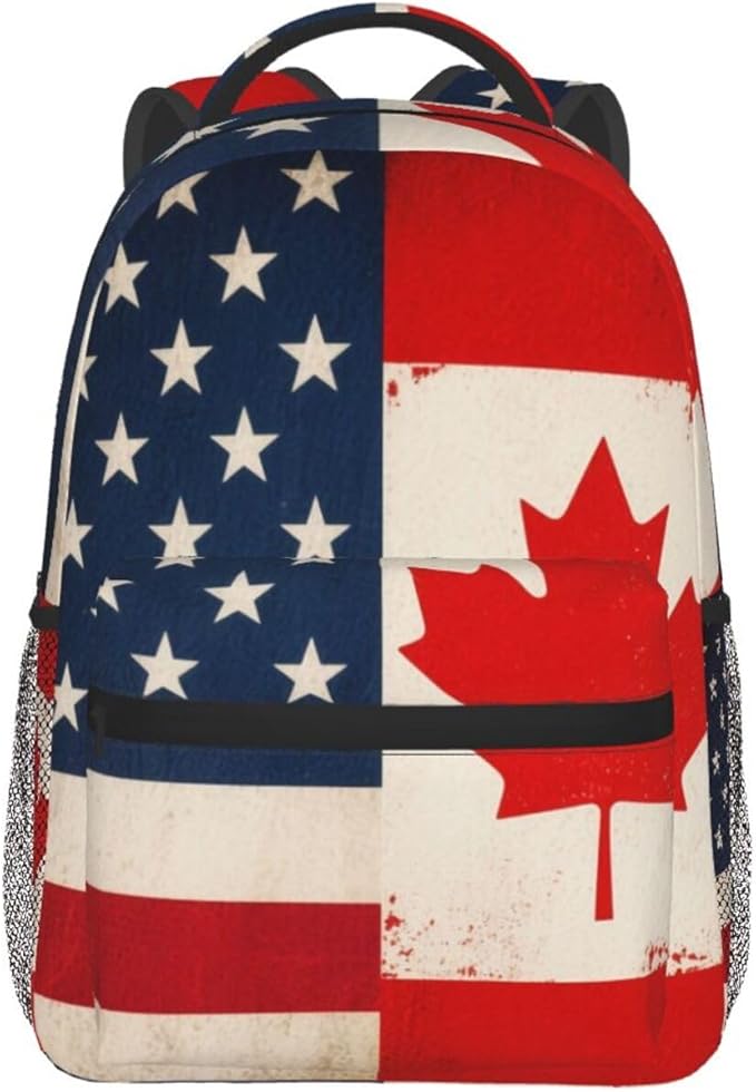 Daypack Backpack Polyester Anti-Theft Multipurpose Usa America Ca Canada Flag Art Bookbag Big Capacity Travel Hiking Camping Rucksack With Smooth Zippers