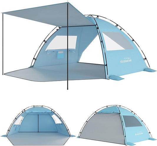 Elegear CumbreX™ Beach Tent Sun Shelter with Canopy, 4-5 Person Pop Up Beach Tent, Easy Setup UPF 50+ UV Protection Portable Lightweight Double Silver Coating Beach Cabana Sun Shade Shelter - Sky Blue