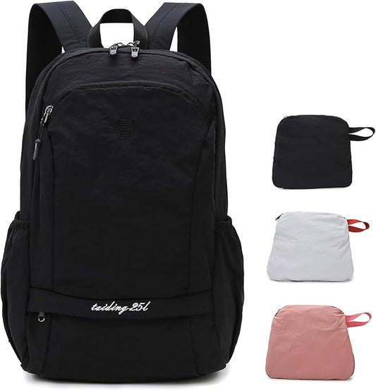 25L Collapsible Hiking Backpack with Chest Strap for Men, Foldable Lightweight Gym Backpack with Waterproof Wet Pocket, Black