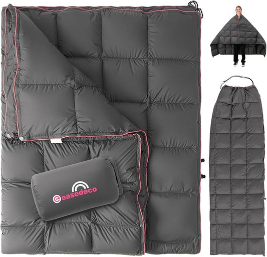 Down Camping Blanket - Lightweight Packable Warm Puffy Travel Quilt with Footbox, 650 Fill Power Waterproof Outdoor Blankets for Hiking, Travel, Dark Grey 1lb 1oz / 77''*52''