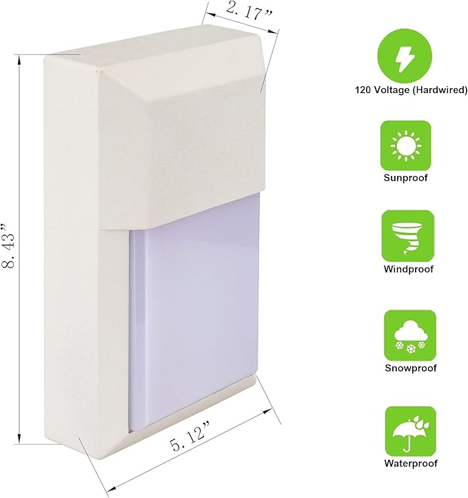 LIT-PaTH Outdoor Sconce Wall Light, LED Wall Lantern 5000K, Porch Lighting Fixture, 12W 1000 Lumens, Aluminum Housing Plus PC, White Finish, 1-Pack