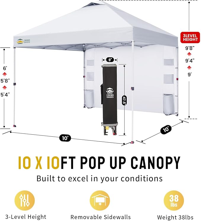 CROWN SHADES Canopy Tent 10x10 Pop Up Canopy Outdoor Shade with Pockets Sidewall, Easy Up Sun Shelter with One Person Set Up Center Lock, Portable Instant Camping Beach Canopy Tents, White