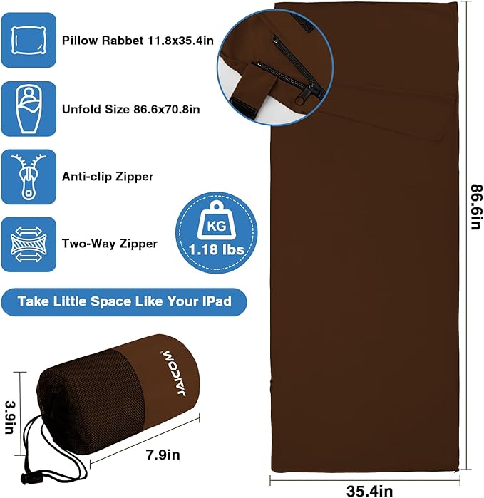 Sleeping Bag Liner, Sleep Sack Travel Sheets, Two-Way-Zipper Expose Feet Separately, Lightweight for Single, Backpacking,Hotels & Hostels, Camping, Travel, Business