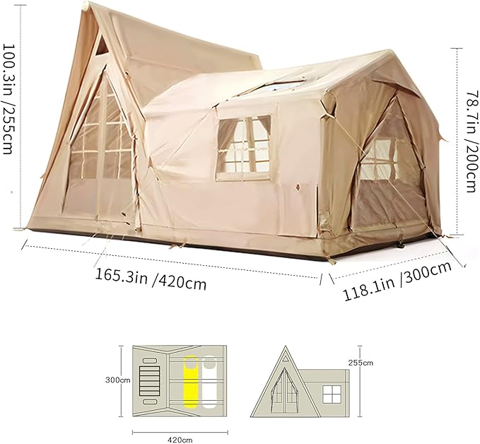 8/10/12 Person Large Inflatable Tents for Camping, 4 Season Blow Up Tents with Canopy/Rainfly, Luxury Inflatable Tent House with Stove Jack, Easy Setup Inflatable Camping Tent.