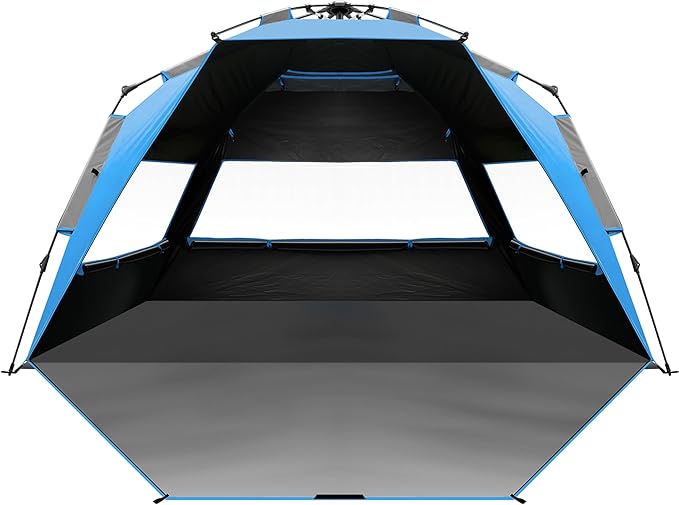 OutdoorMaster Beach Tent with Blackout Shelter Technology, Portable Sun Shade Shelter 4 Person, Pop Up Beach Tents with UPF 50+ UV Protection, 9.5mm Thick Pole, 3 Ventilating Mesh Windows -Blue