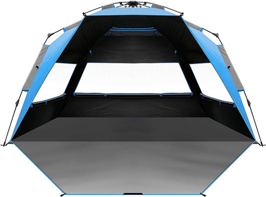 OutdoorMaster Beach Tent with Blackout Shelter Technology, Portable Sun Shade Shelter 4 Person, Pop Up Beach Tents with UPF 50+ UV Protection, 9.5mm Thick Pole, 3 Ventilating Mesh Windows -Blue