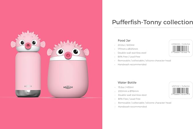 Zoofiesta Insulated Stainless Steel Food Container 20.2oz – Leakproof & Portable –Keeps Food Hot 12hours Cold for 24Hours – Perfect for Kids, School, Work & Travel (Pufferfish)