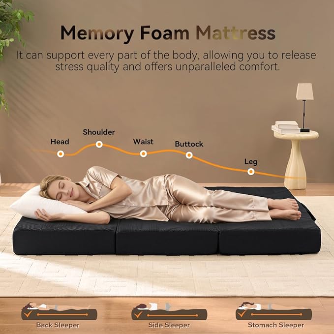 Trifold Mattress, 6 Inch Memory Foam Tri-Fold Mattress Queen Size, Foldable Sofa Bed with Washable Cover, Handles and Non-Slip Bottom for Yoga, Living Room, Camping, 78"x 58" x 6", Black