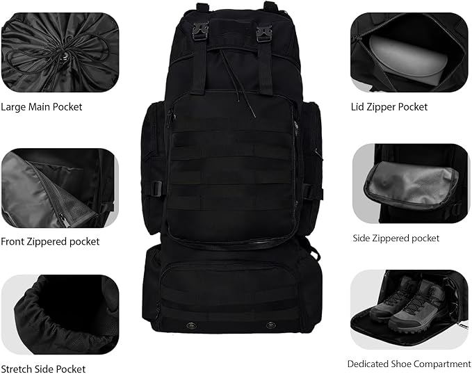 Tactical 80L Hiking Backpack with Dedicated Shoe Compartment - Large Capacity Rucksack for Camping Backpacking Men Women - Outdoor Trekking Travel Pack (Black)