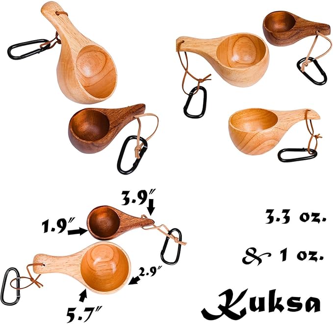 Kuksa Camping Mug Wooden Bushcraft Handcarved Cup, Nordic Style Coffee & Hiking Kuksa, 2 Pack Small & Mini Size, 3.3 oz. & 1 oz.