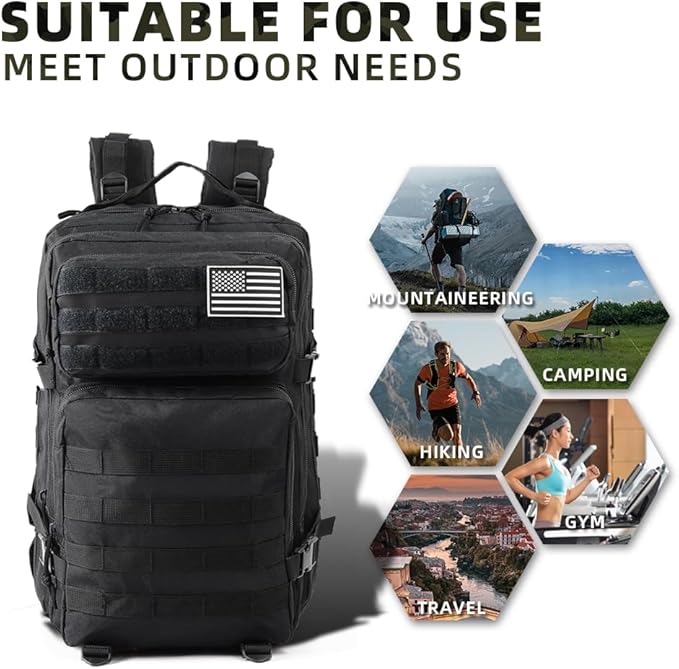 J.SH Large Military Tactical Backpack for Men, Army Assault Pack Bag with MOLLE System, 3-Day Bug Out Bag for Outdoor Hiking, Gym, Tactical Missions, Rugged Survival & Outdoor Rescue - 45L Black
