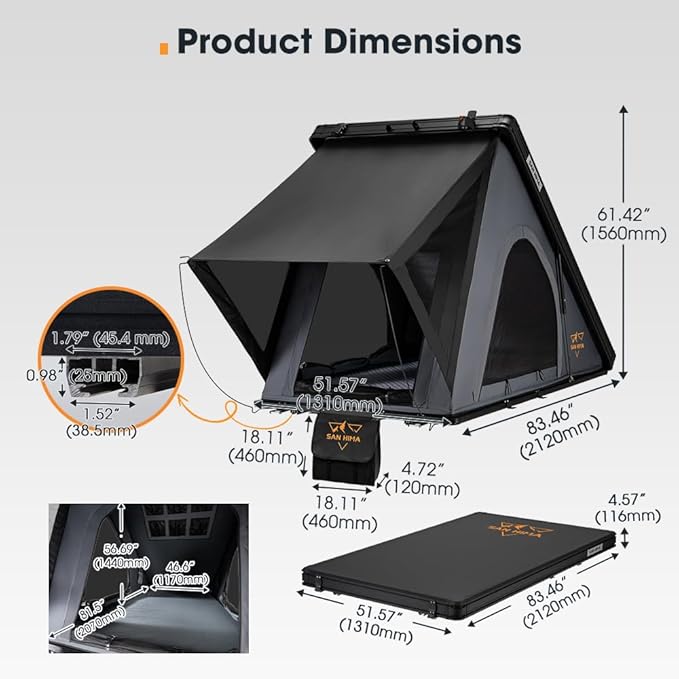4.57" Slim Rooftop Tent Hard Shell, Waterproof Hotham Lite Aluminium Car Roof Tent with Tri-Color LED Strip Light, SUV Roof Rack Tent w/ 1.97" Thick Mattress, 2-3 People, Grey